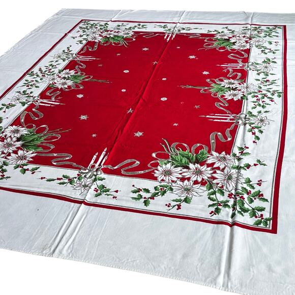 Vintage 50's Christmas tablecloth flaws stains holes cutter cloth for crafts? - Picture 10 of 12